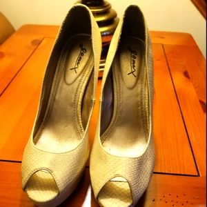 open toe beige faux snake skin pump